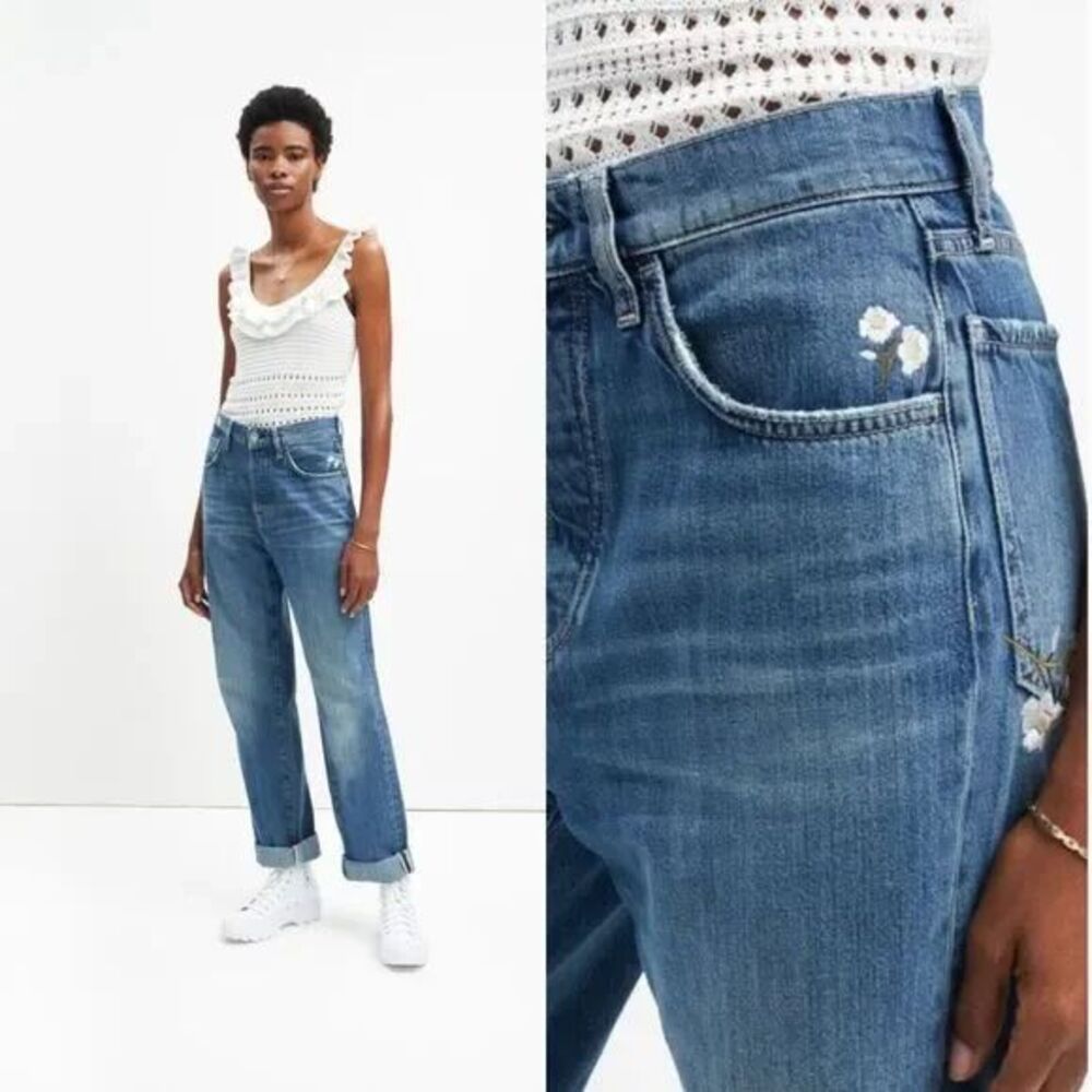 7 For All Mankind Easy Straight Leg Floral Embroidered Jeans Size 26 Button Fly
